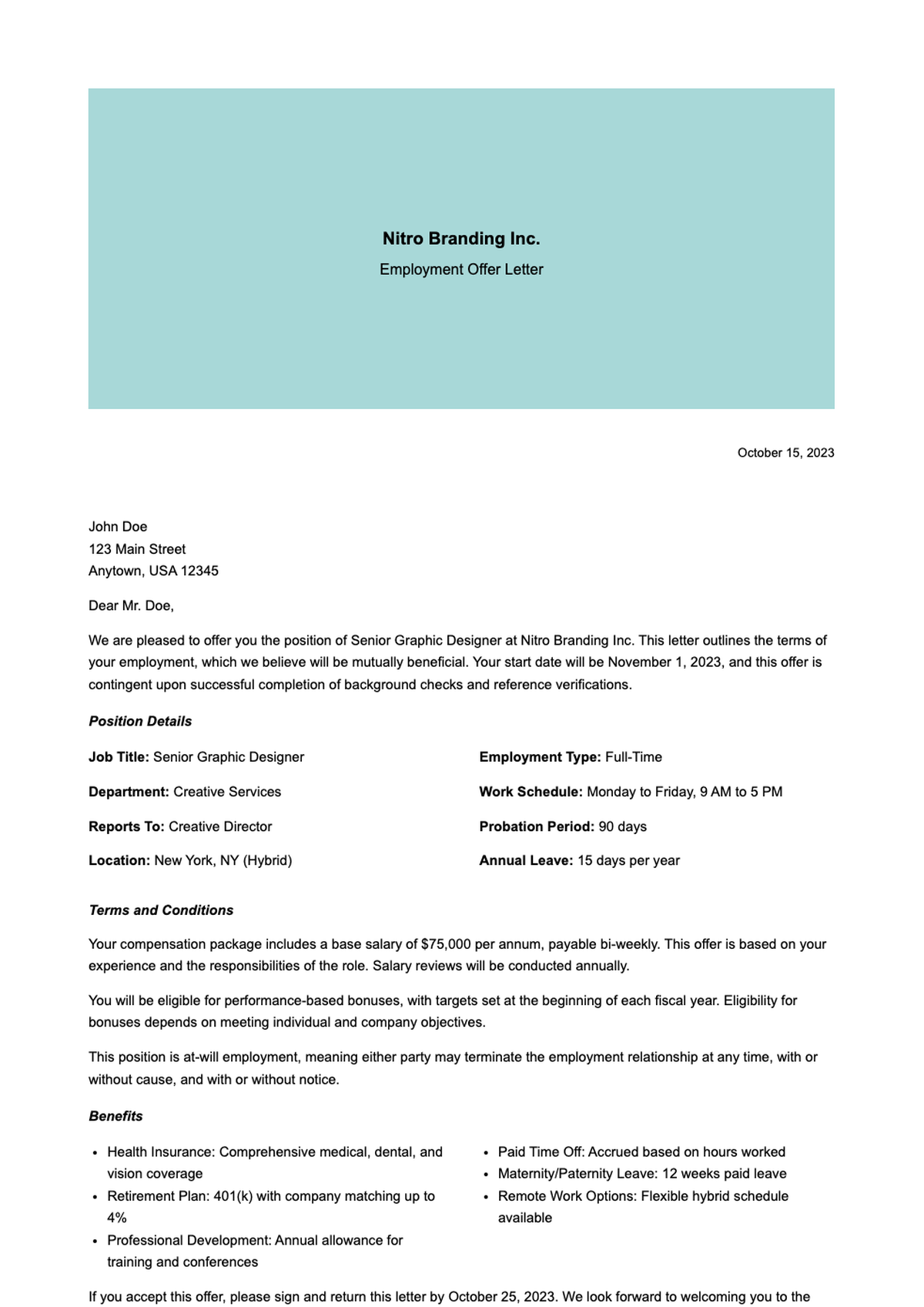 Formal employment offer letter from Nitro Branding with detailed terms and benefits_variant_3